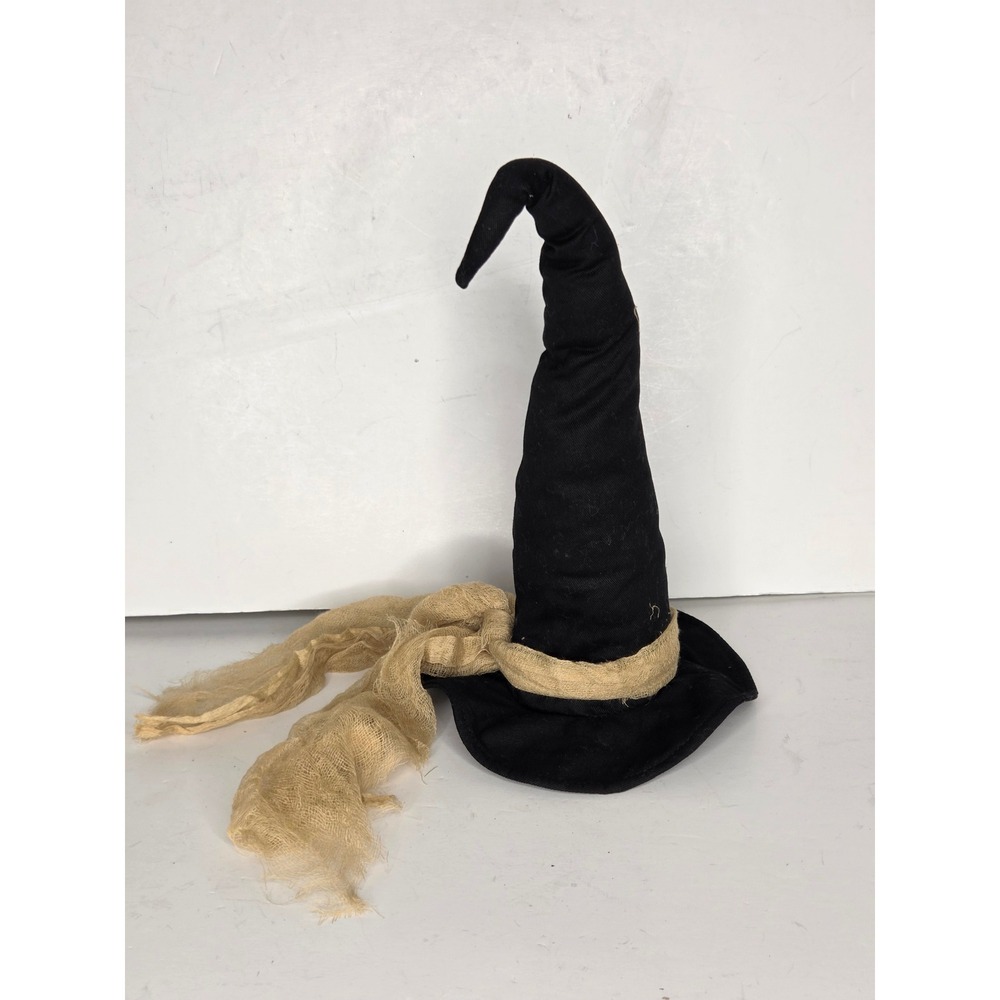 Primitive Black Fabric Witch Hat Halloween Tabletop Decor with Gauze Ribbon